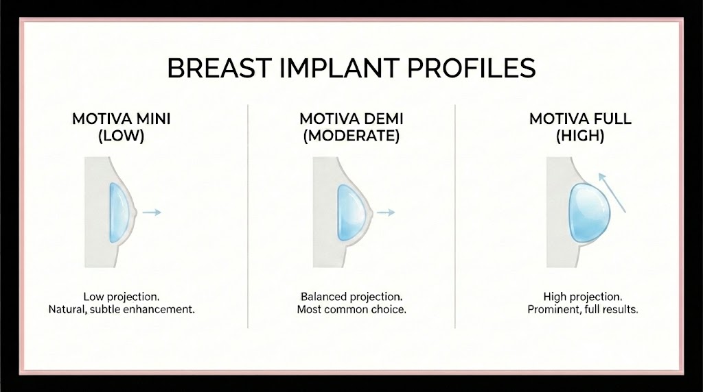 Breast implant profile comparison showing Motiva Mini (low), Demi (moderate), and Full (high) projection options