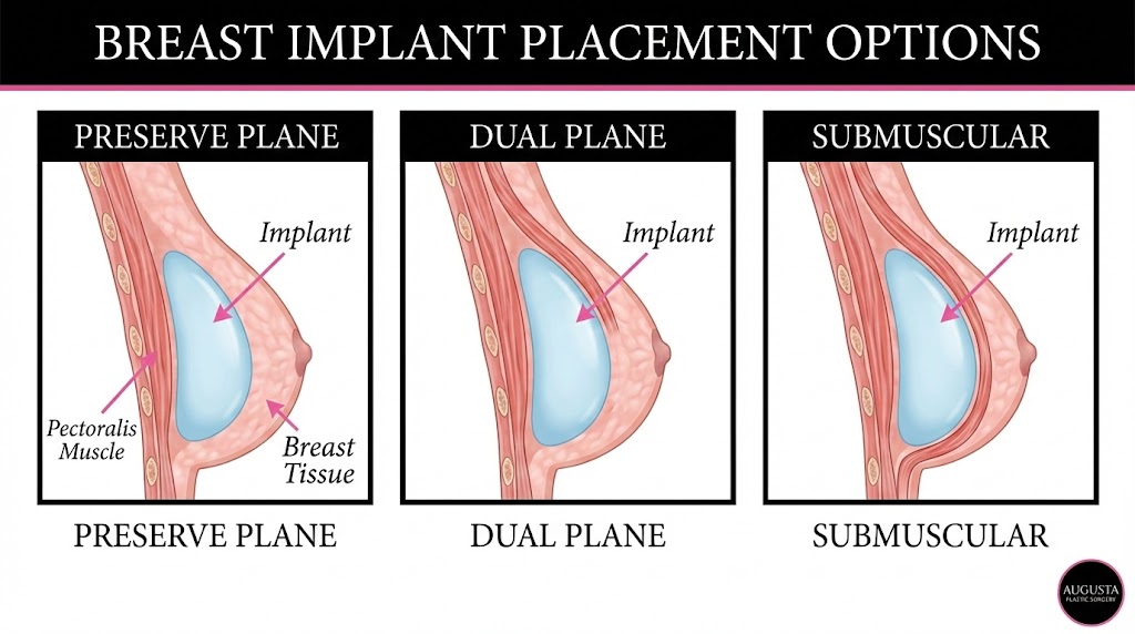 Breast implant placement options diagram showing Preserve Plane, Dual Plane, and Submuscular positioning at Augusta Plastic Surgery