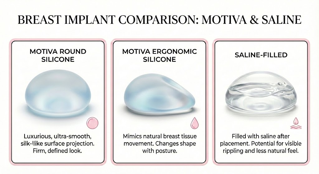 Breast implant comparison showing Motiva round silicone, Motiva ergonomic silicone, and saline-filled implant options at Augusta Plastic Surgery